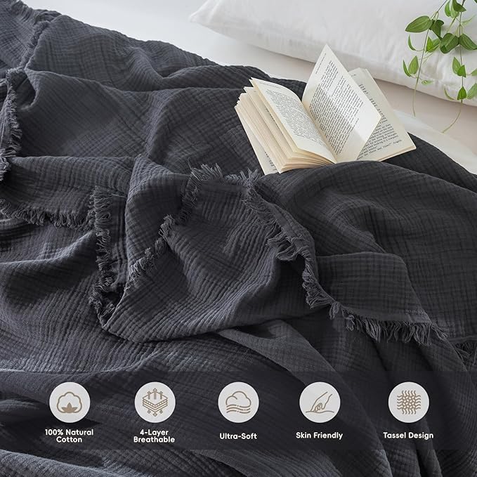 MooMee Muslin Blanket - 100% Cotton 4-Layer Gauze Throw Blanket with All-Around Fringe, Ultra-Soft Breathable Lightweight Cooling Decorative for Bed, Sofa & Couch (Dark Grey,Throw XL 50" x 70")