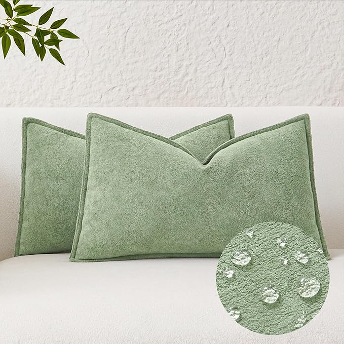 Kevin Textile Spring Waterproof Decorative Pillow Covers Sage Green 12x20 Inch Pack of 2 Soft Boucle Textured Lumbars Cushions Elegant Accent Pillows for Couch Sofa Chair Bed Home Decor Indoor Outdoor