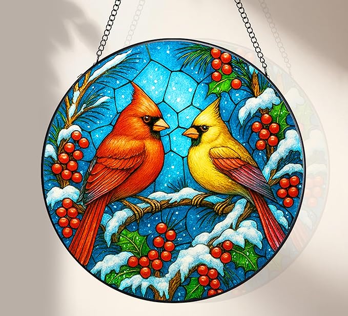 Stained Glass Window Hanging,Red Cardinal Sun Catchers Stained Glass Panels for Indoor Windows Wall Art Decor, Memorial Gift for Mom Women Wife Men Lovers (7.87inch)