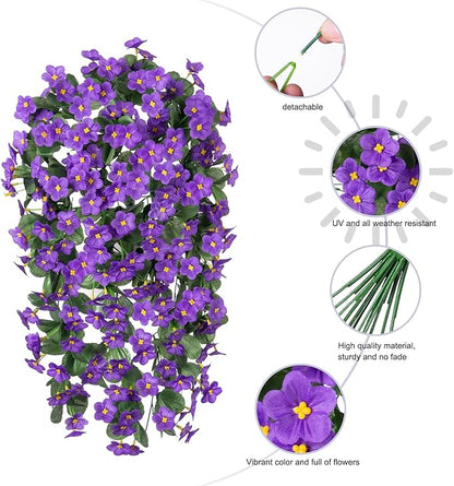 HyeFlora Artificial Faux Hanging Plants Flowers Vines for Outdoor Outside Winter Decoration, 2PCS Fake Silk Purple Daisy Mums UV Resistant Look Real Orchid Vine for Front Door Porch Planter Balcony