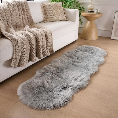 Faux Fur Rug Runner 2x6 ft Gery - Machine Washable Super Soft Plush Shaggy Fluffy Area Carpet,Sheepskin Rug Fuzzy Floor Mat for Bedroom, Sofa,Living Room, Bedside, Nursery & Kids Room