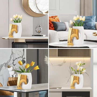 Gold and White Vases Set of 2, Ceramic Flower vase for Pampas Grass, Modern Gold Vases Home Decor, Nordic Snuggle Hollow Boho vase Table Centerpieces