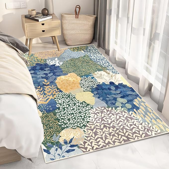 DEXDE Area Rugs for Living Room 4x6.5, Washable Non Slip Boho Rugs Throw Carpet for Bedroom Bedside Dorm Dining Room Indoor Soft Floral Home Decor, Blue