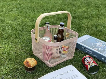 Metal Mesh Wire Basket, Small Steel Basket with Wooden Handle Storage Organizer Basket Multi-functional Hanging Kitchen Baskets Fruit Baskets for Kitchen Bathroom Cabinet Pantry Snacks, Pink