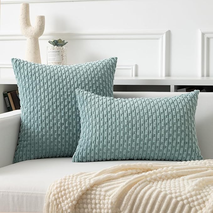 Kevin Textile Throw Pillow Covers Soft Corduroy Decorative Set of 2 Boho Striped Pillow Covers Pillowcases Farmhouse Home Decor for Couch Bed Sofa Living Room 24x24 Inch Dusty Green