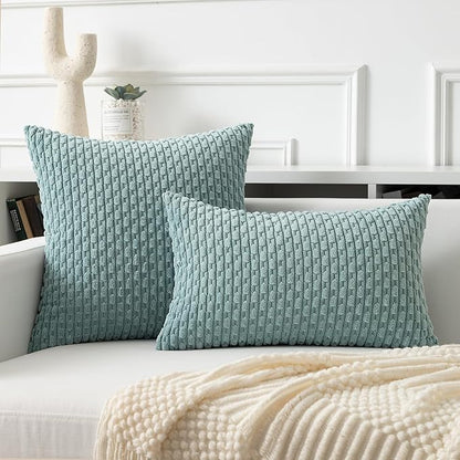 Kevin Textile Throw Pillow Covers Soft Corduroy Decorative Set of 2 Boho Striped Pillow Covers Pillowcases Farmhouse Home Decor for Couch Bed Sofa Living Room 22x22 Inch Dusty Green