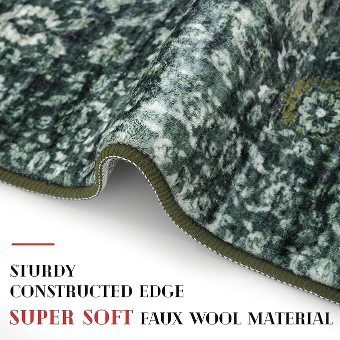 Runner Rug 2.6x10, Dark Green Washable Long Hallway Rug Runner Non-Slip Soft Kitchen Runner Thin Printed Faux Wool Super Soft Carpet for Entryway Bedroom Laundry Room Indoor Home Decor