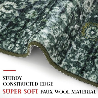 Runner Rug 2.6x10, Dark Green Washable Long Hallway Rug Runner Non-Slip Soft Kitchen Runner Thin Printed Faux Wool Super Soft Carpet for Entryway Bedroom Laundry Room Indoor Home Decor