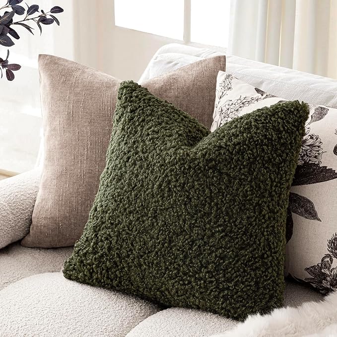 Foindtower 2 Pieces 16x16 Inch Olive Green, Faux Fur Throw Pillow Cover Accent Sherpa Furry Pillow Covers Fuzzy Soft Pillowcases Cozy Sheepskin Decorative Fleece Cushion Case for Bed Couch Living Room
