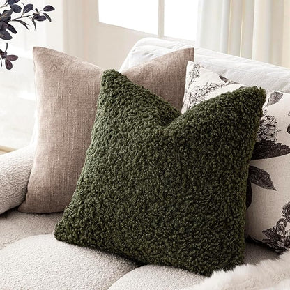 Foindtower 2 Pieces 20x20 Inch Olive Green, Faux Fur Throw Pillow Cover Accent Sherpa Furry Pillow Covers Fuzzy Soft Pillowcases Cozy Sheepskin Decorative Fleece Cushion Case for Bed Couch Living Room