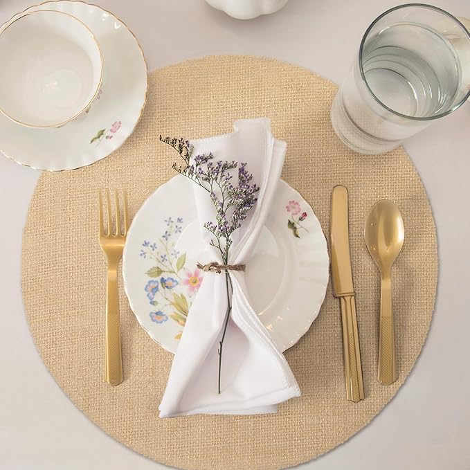 Kochorie 50 Pieces Burlap Placemats 15 Inch Round Reusable Brown Table Mats Natural Jute Fibers Placemats Bulk Circle Rustic Table Decorations for Dining Wedding Holiday Farmhouse Supplies