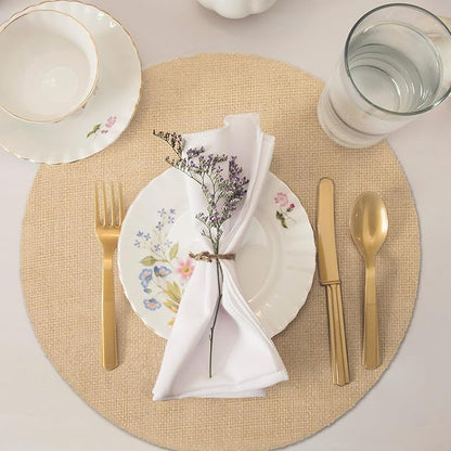 Kochorie 100 Pieces Burlap Placemats 15 Inch Round Reusable Brown Table Mats Natural Jute Fibers Placemats Bulk Circle Rustic Table Decorations for Dining Wedding Holiday Farmhouse Supplies
