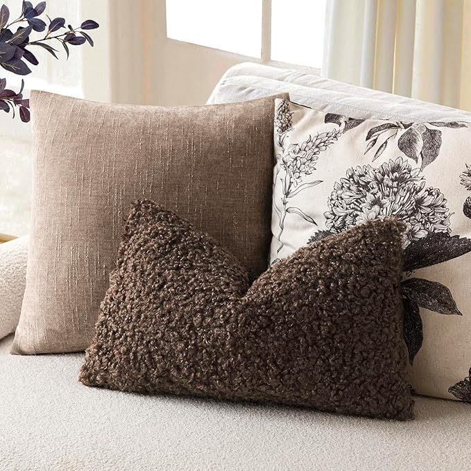 Foindtower Set of 2 Curly Teddy Wool Pillow Covers Decorative Boucle Textured Lumbar Throw Pillow Faux Fur Sherpa Pillowcases Sheepskin Fuzzy Cushion Case for Sofa Bedroom Car 12"x20" Dark Brown