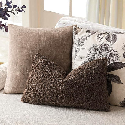 Foindtower Set of 2 Curly Teddy Wool Pillow Covers Decorative Boucle Textured Lumbar Throw Pillow Faux Fur Sherpa Pillowcases Sheepskin Fuzzy Cushion Case for Sofa Bedroom Car 12"x20" Dark Brown