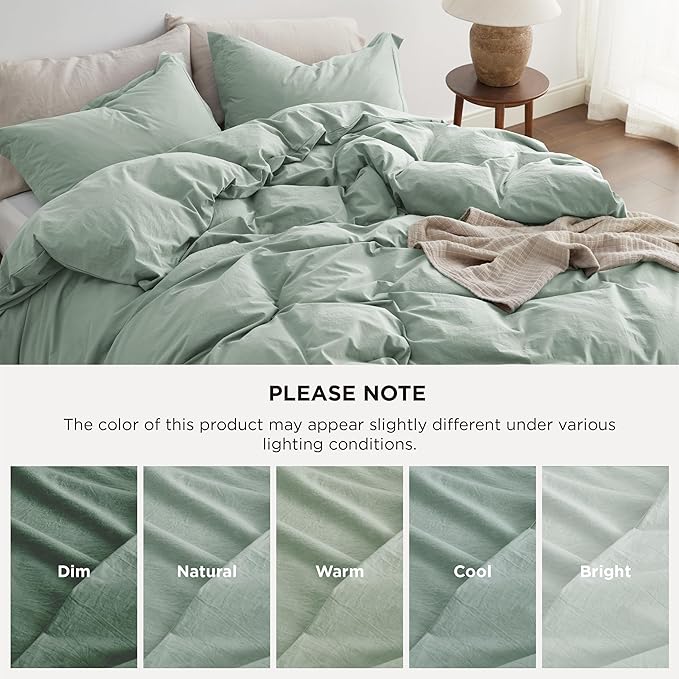 Bedsure 100% Washed Cotton Duvet Cover Queen Size - Sage Green Minimalist Cotton Duvet Cover Linen Like for All Seasons - GentleSoft™ Plain Simple Bedding (Sage Green, Queen, 90"x90")