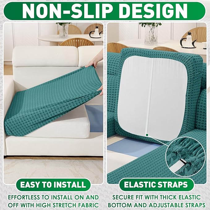 MAXIJIN Couch Cushion Covers for Sectional Sofa, Stretch Sofa Cushion Cover Washable Furniture Protector with Elastic Bottom & Non-Slip Strap for Pets Kids (3PC Seat Cover, Peacock Blue)