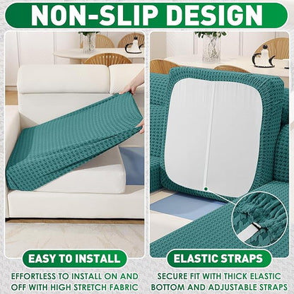 MAXIJIN Couch Cushion Covers for Sectional Sofa, Stretch Sofa Cushion Cover Washable Furniture Protector with Elastic Bottom & Non-Slip Strap for Pets Kids (3PC Seat Cover, Peacock Blue)