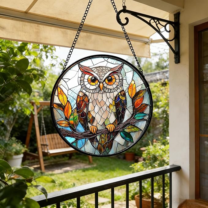DASTOLL Stained Glass Window Hanging, Owl Colorful Leaves Birds Sun Catchers Diamond Glass Panel Hangings Suncatcher Decor for Birthday for Women, Men, Wife, Aunt, and Mom 9.8 in