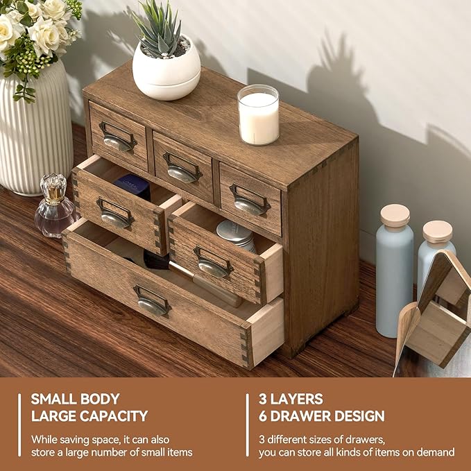 KIRIGEN Wood Desk Drawer Organizer, Home Storage Cabinet 6 Drawers Mini Chest with Lable Holder Handles for Bedroom Home and Office Organization Dark Brown(3D6CG-DBR)
