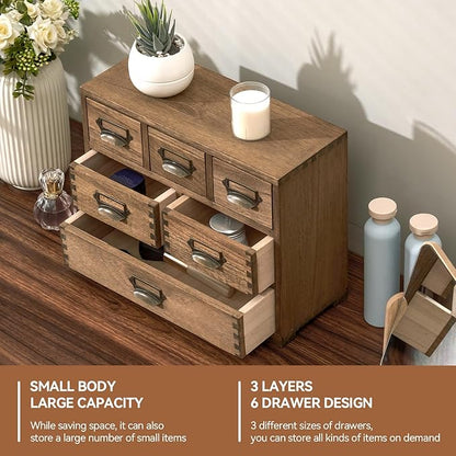KIRIGEN Wood Desk Drawer Organizer, Home Storage Cabinet 6 Drawers Mini Chest with Lable Holder Handles for Bedroom Home and Office Organization Dark Brown(3D6CG-DBR)