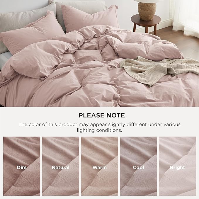 Bedsure 100% Washed Cotton Duvet Cover King Size - Petal Pink Minimalist Cotton Duvet Cover Linen Like for All Seasons - GentleSoft™ Plain Simple Bedding (Petal Pink, King, 104"x90")