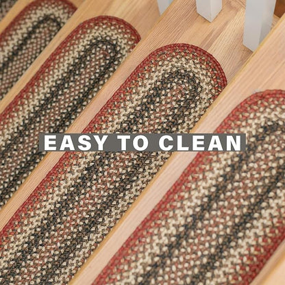 Homespice Chester Jute Braided Staircase Step Treads, Country Lodge Decor, Set of 13, Red 8x28 Oval Rug for Stairs - Easy to Clean, Tightly Stitched and Durable