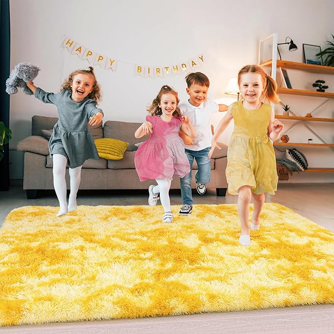 Super Fluffy Rug for Bedroom, 4x6 Shag Fuzzy Area Rug for Living Room Bedroom, Plush Soft Carpet for Girls Boys Kids, Non Slip Throw Rugs for Dorm, Modern Home Decor Aesthetic, Tie-Dyed Yellow