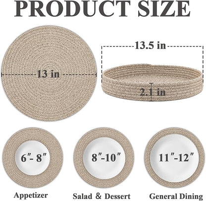 Round Placemats Set of 6 with Holder, Cotton Rope Woven Place Mats, Hot Pads for Kitchen, Heat Resistant Table Mats, 13 Inch Farmhouse Washable Braided Placemat for Kitchen Decor (Brown)