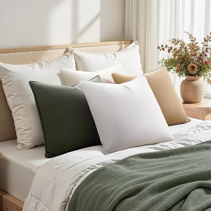 Linen Green Pillow Covers with Flange Design Pack of 4 Decorative OliveGreen Throw Pillow Covers Soft Accent Boho Couch Pillowcases Farmhouse for Living Room Bed Sofa 16x16 Inch