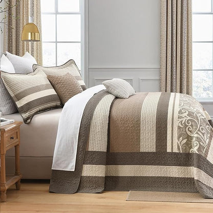 Lightweight King Bedspreads 120x120, 100% Cotton Oversized Quilt, Striped Botanical Pattern Coverlet, Reversible Farmhouse Quilted Bedding Set 3 Piece, Brown/Beige