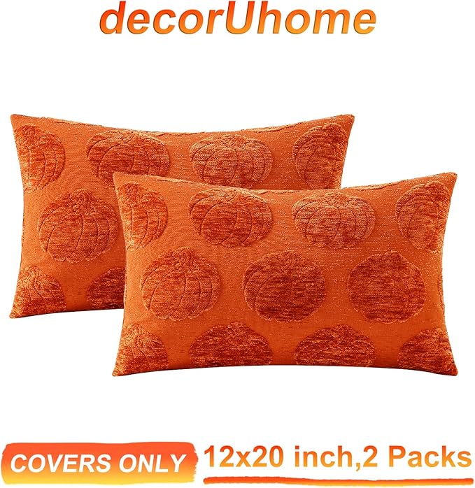 decorUhome Decorative Rust Pumpkin Thanksgiving Throw Pillow Covers 12x20 Set of 2, Soft Chenille Jacquard Farmhouse Textured Pillow Covers for Couch Bed Sofa Autumn Harvest Halloween Holiday