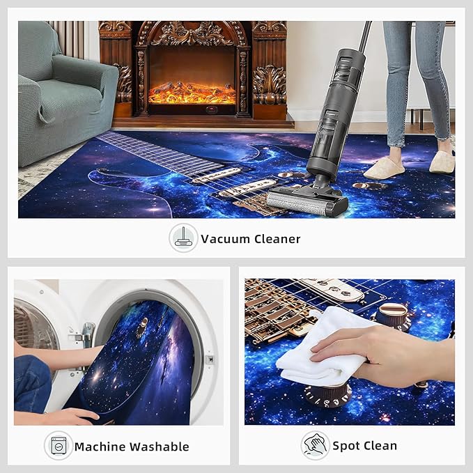Guitar 2x3 Area Rugs for Living Room -Musical Instruments Washable Rug Starry Sky Non-Slip Carpet Indoor Floor Stain Resistant Thin Carpets for Bedroom Dining Room Home Office
