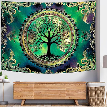Delur Tree of Life Tapestry Green Nature Bohemian Mandala Spiritual Tapestry Wall Hanging Mystical Landscape Hippie Psychedelic Headboard for Bedroom Living Room Home Decor (59.1" x 78.7")