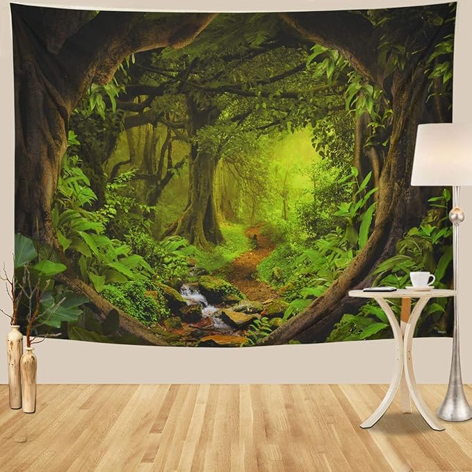 Tushelia Forest TreeTapestry Tree of Life Tapestries Nature Landscape Wall Decor Stream Through Rainforest Tapestry Wall Hanging for Living Room