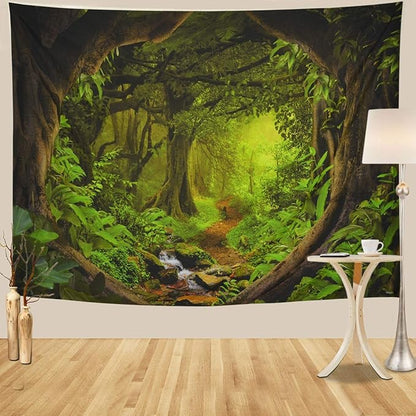 Tushelia Forest TreeTapestry Tree of Life Tapestries Nature Landscape Wall Decor Stream Through Rainforest Tapestry Wall Hanging for Living Room