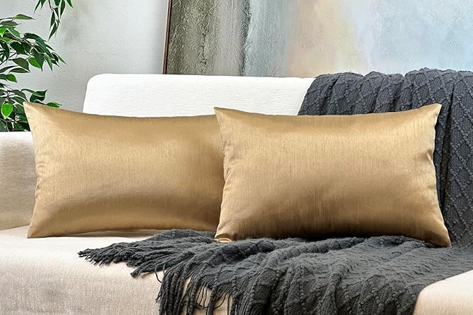 Aiking Home 12x18 Inches Faux Silk Rectangular Throw Pillow Cover, Zipper Closure, Brass (Set of 2)