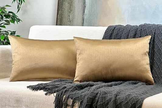 Aiking Home 12x18 Inches Faux Silk Rectangular Throw Pillow Cover, Zipper Closure, Brass (Set of 2)