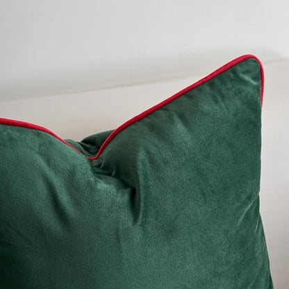 LIGICKY Set of 2 Christmas Dark Green Velvet Lumbar Pillow Covers Modern Minimalist Style Solid Decorative Red Rope Edging Soft Rectangle Cushion Cases for Sofa Bedroom Party Décor, 12 x 20 inch