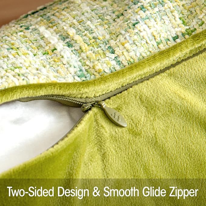 a moment Green Reversible Pillow Covers 2 Pack - Farmhouse Chenille Throw Pillows, Neutral Textured Decorative Throw Pillow Covers with Border for Couch Sofa Bed (20x20 Inch, No Insert)