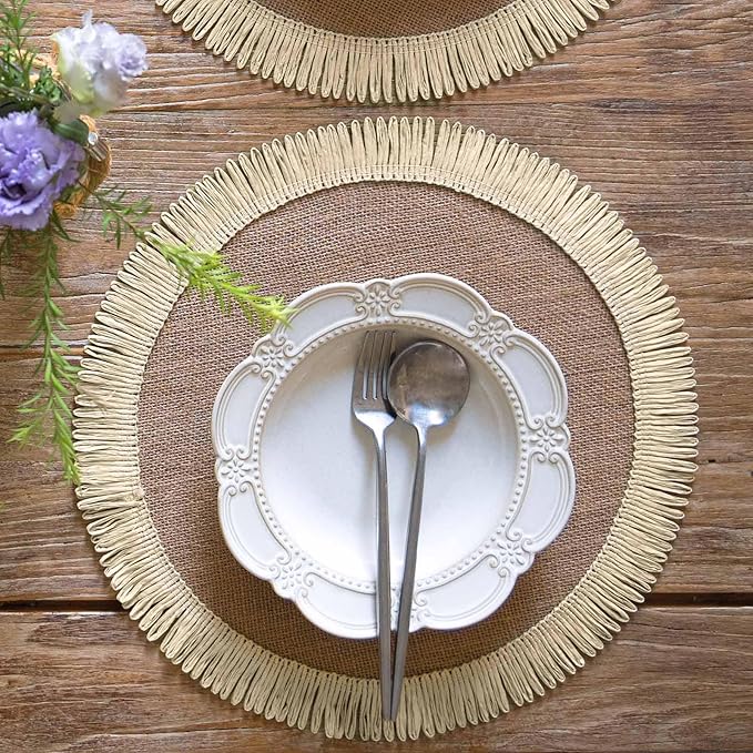 FunWheat 15 Inch Round Jute Placemats Set of 12, Braided Burlap Table Mats for Dining Table, Heat Resistant Farmhouse Woven Placemats for Fall Farmhouse Decor (Coarse-Edged Sunflower)
