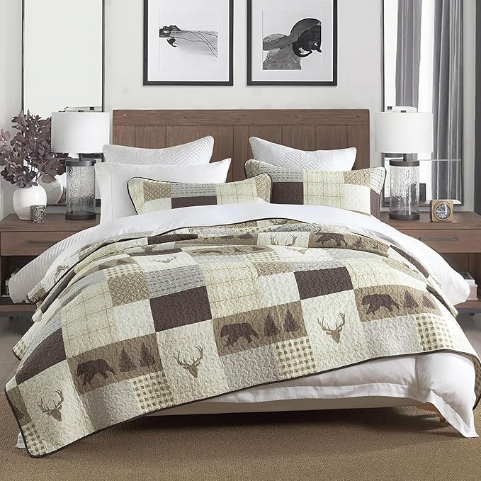 Quilts Queen Size, Quilt Bedding Set Bedspread, 100% Cotton Farmhouse Rustic for Bed, Reversible Lightweight Comforter Bed Spread with Wildlife Patterns, Cream/Brown/Gray, Queen(90/''x98/'')