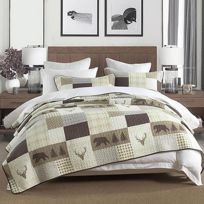 Quilts Queen Size, Quilt Bedding Set Bedspread, 100% Cotton Farmhouse Rustic for Bed, Reversible Lightweight Comforter Bed Spread with Wildlife Patterns, Cream/Brown/Gray, Queen(90/''x98/'')