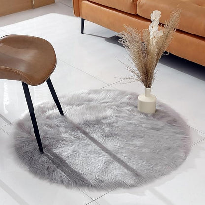 Faux Fur Rug Sheepskin Shag Fluffy Fuzzy Grey 3x3 ft Rugs for Bedroom Bedside Bed Floor Living Room Plush Round High-Density Cushion Carpet Super Sofa Cover