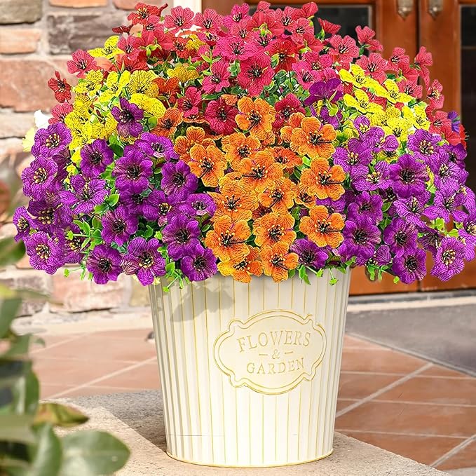 Artificial Fall Flowers for Outdoors, UV Resistant Fake Silk Flowers No Maintenance for Outside,Faux Mums Eucalyptus Plants for Porch Patio Garden Planter Box Home Autumn Outdoor Decor(10pcs)