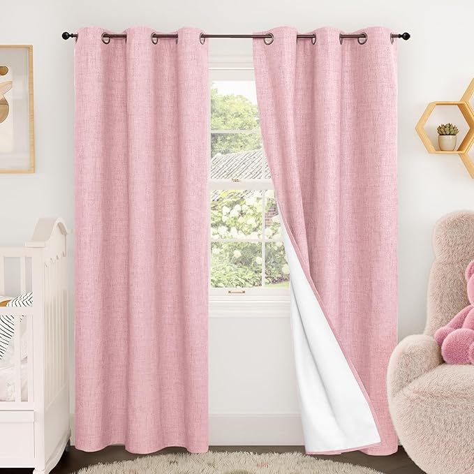 Lajode Baby Pink Linen Blackout Curtains 84 Inch Long for Living Room Narrow Window, 38 Inch Wide Thermal Insulated Light Blocking Small Curtains for Girls Bedroom Kids Nursery, 38x84 Inch 2 Panels