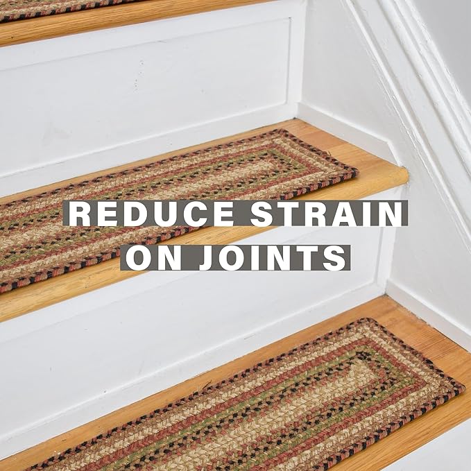 Homespice Gingerbread Jute Braided Stair Treads for Wooden Steps, Warm Country Decor, Set of 13, Brown 8x28 Rectangle Rug for Stairs - Easy to Clean, Tightly Stitched and Durable