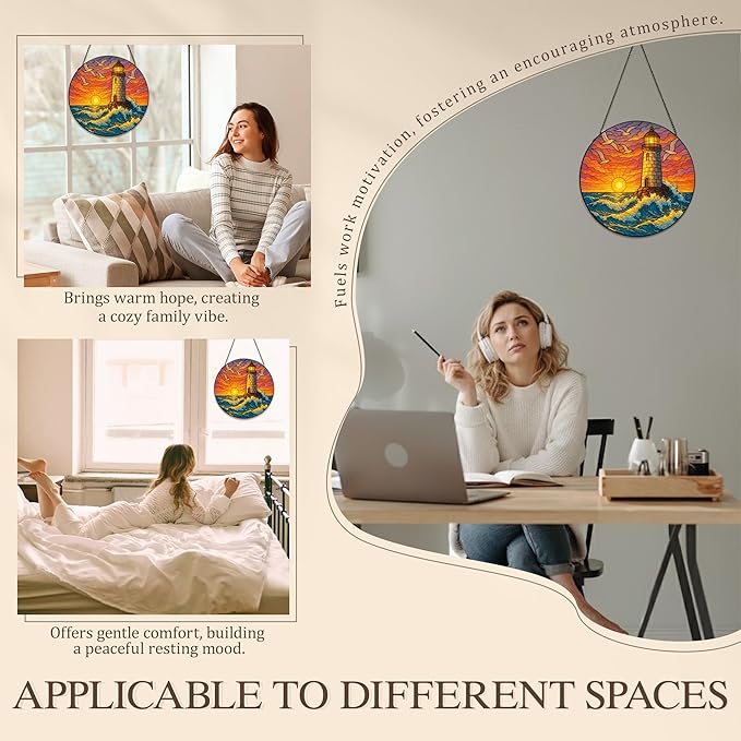 Stained Glass Window Hanging,Lighthouse Sun Catchers Stained Glass Panels for Indoor Windows Wall Art Decor, Memorial Gift for Mom Women Wife Men Lovers (7.87inch)
