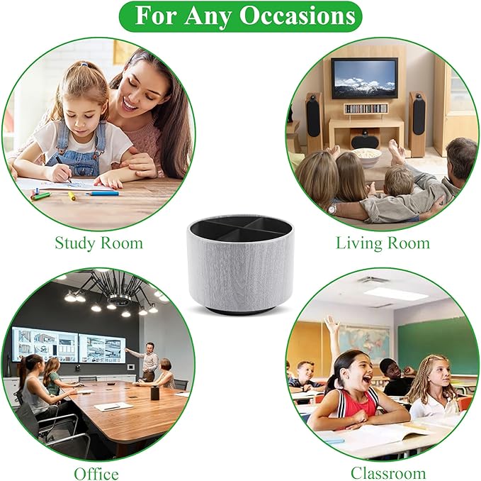 Round Leather Art Supply Organizer,Remote Control Holder,360 Degree Spinning,Multi-Functional Pencil Holder,4 Compartments Desktop Stationary Organizer(1-Thin Wood Grey)