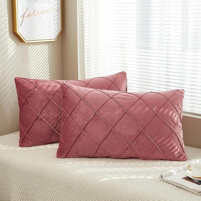 JAUXIO Diamond Pinch Pleated Crystal Velvet Pillowcases 2 Pack Solid Pintuck Throw Cushion Cover for Home Decor Hidden Zipper Closure (Dusty Rose, King)