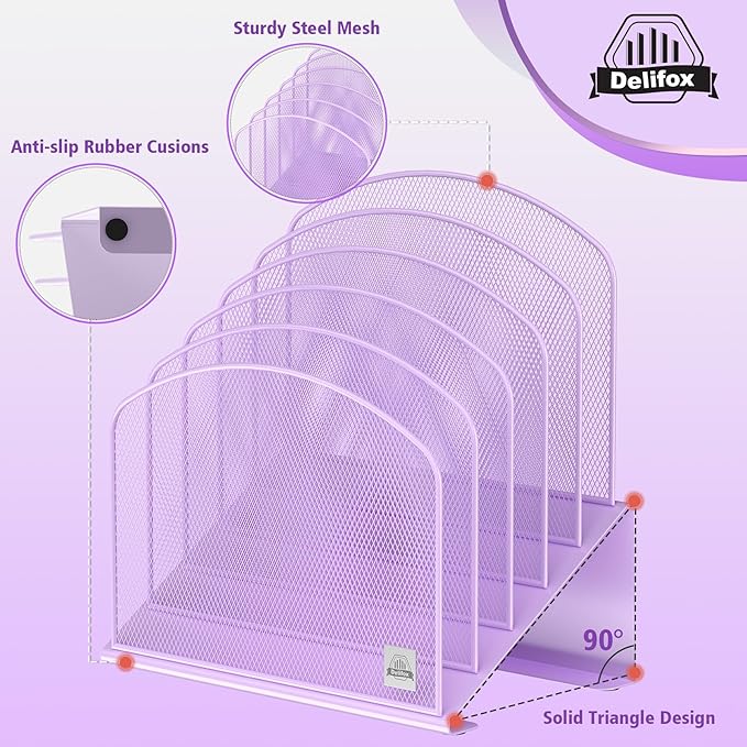 Inclined Desk File Organizer, 5-Section Vertical File Folder Holder Stand Metal Rack File Sorter for Office Classroom Desktop Organization (Purple, 2Pack)